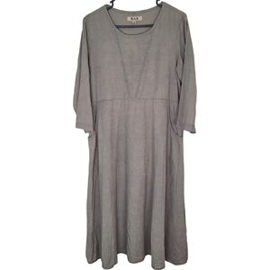 Flax 100% Linen Sage Green Grey Peasant Midi Short Sleeve Dress w Pockets S